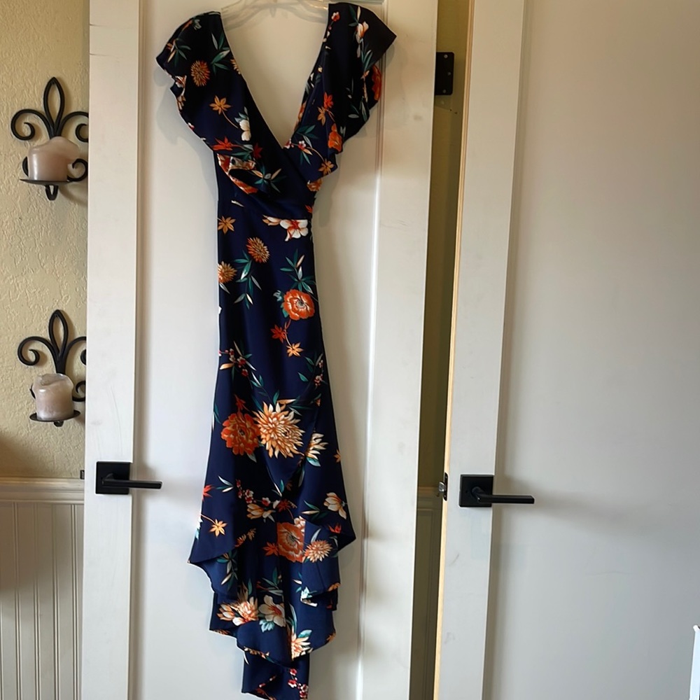 Navy blue floral high-low wrap dress